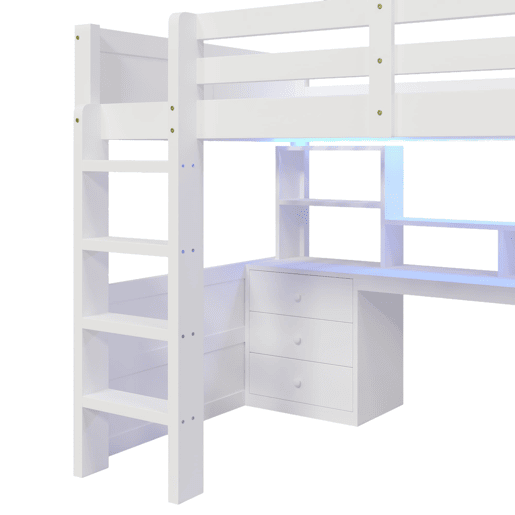 Cama alta 140x200 cm - Com LED, armário, secretária, gavetas, sem colchão - Branco Cama alta 140x200 cm - Com LED, armário, secretária, gavetas, sem colchão - Branco