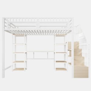 Cama alta 140x200 cm - Estrutura metálica, secretária, prateleira, LED, USB, sem colchão - Branco