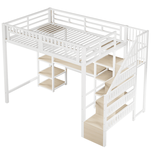 Cama alta 140x200 cm - Estrutura metálica, secretária, prateleira, LED, USB, sem colchão - Branco