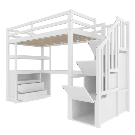 Cama alta 90x200 cm - com secretária, escada com arrumação e 2 gavetas - Branco