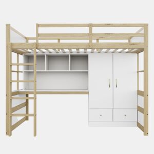 Cama alta 90x200 cm - Com escada, secretária com arrumação, armário e gavetas - Cor madeira