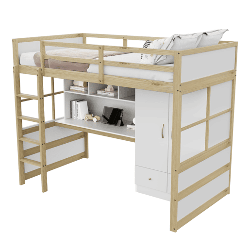 Cama alta 90x200 cm - Com escada, secretária com arrumação, armário e gavetas - Cor madeira