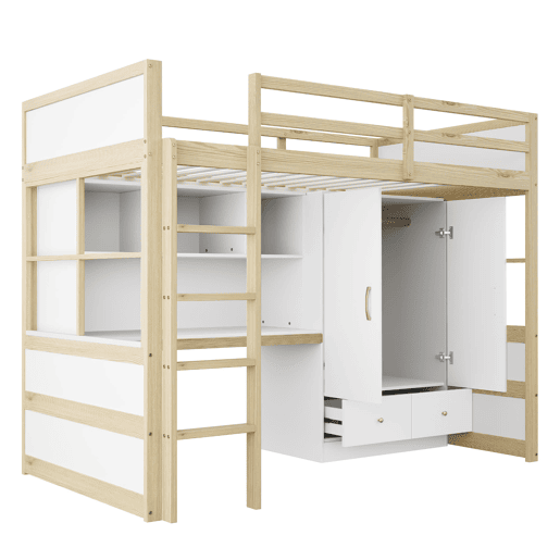 Cama alta 90x200 cm - Com escada, secretária com arrumação, armário e gavetas - Cor madeira