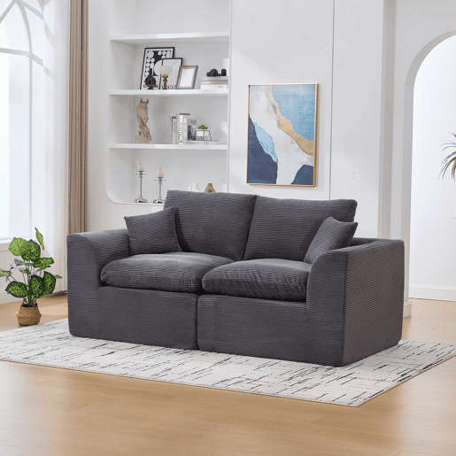 Sofá de tecido de 2 lugares - Minimalista, confortável e com almofadas - Cinza escuro