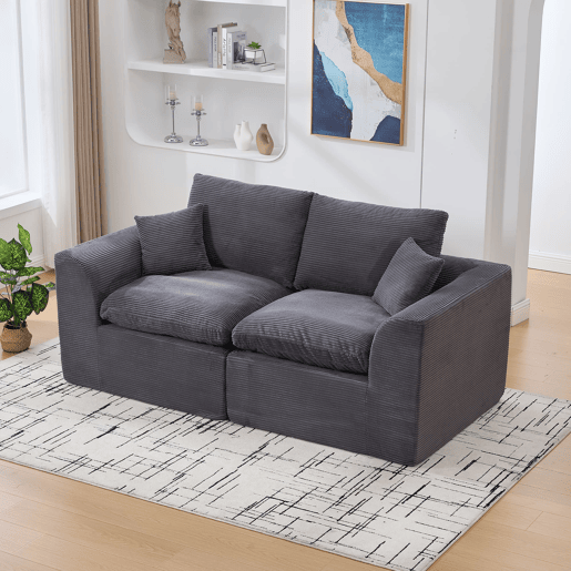 Sofá de tecido de 2 lugares - Minimalista, confortável e com almofadas - Cinza escuro
