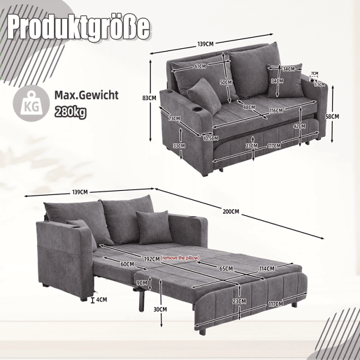Sofá de 2 lugares - multifuncional, dobrável, removível, com arrumação, USB e porta-copos - Cinza