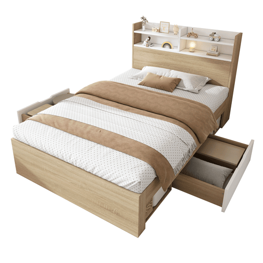 Cama de solteiro de madeira maciça 90x190 cm,natural+branco