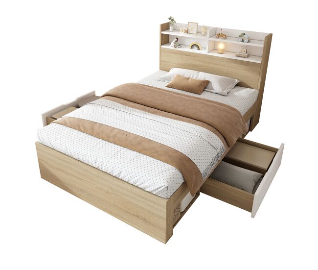 Cama individual de madera maciza 90x190 cm,natural+blanco