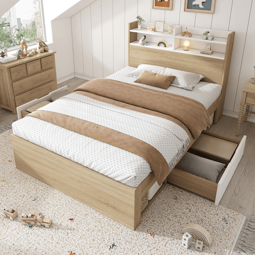 Cama de solteiro de madeira maciça 90x190 cm,natural+branco