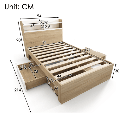 Cama de solteiro de madeira maciça 90x190 cm,natural+branco