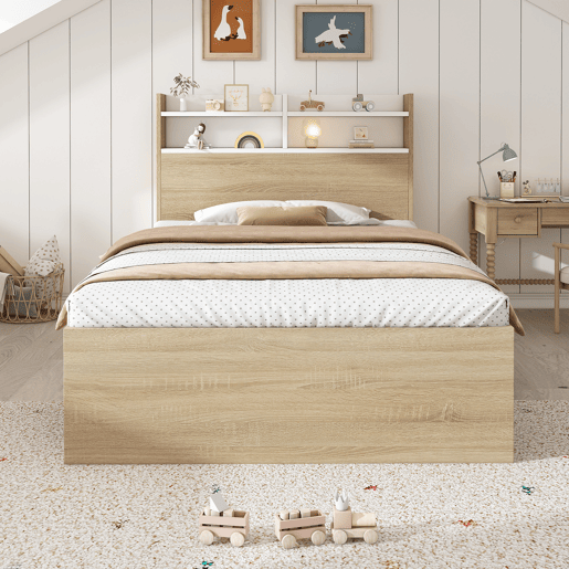 Cama de solteiro de madeira maciça 90x190 cm,natural+branco