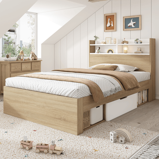 Cama de solteiro de madeira maciça 90x190 cm,natural+branco