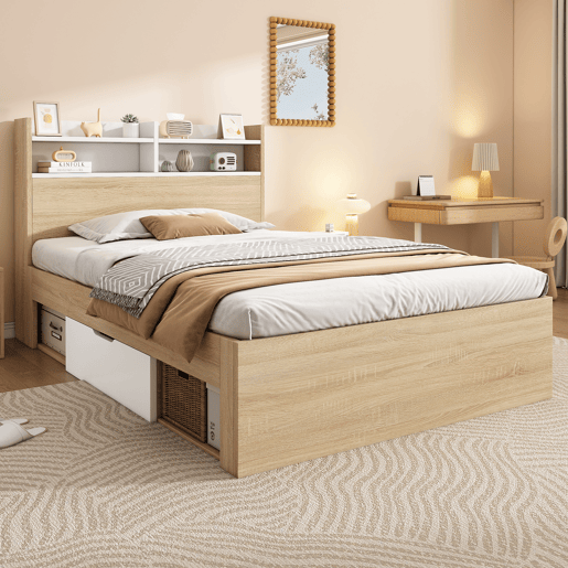 Cama de solteiro de madeira maciça 90x190 cm,natural+branco