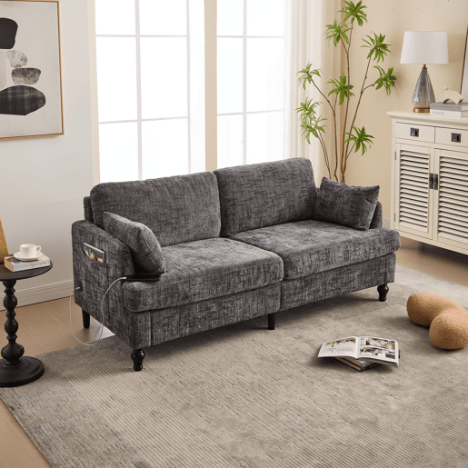 Sofá de 2 lugares - Chenille, pés de madeira, LED, USB e arrumação - Cinza