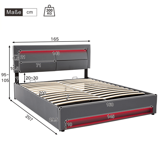 Cama de casal de pu 160x200 cm com armazenamento e luz led,cinza