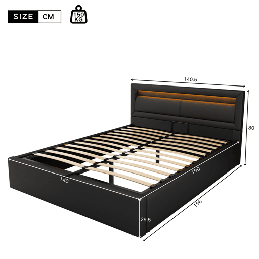 Cama de casal de pu 140x190 cm com armazenamento e luz led,preto