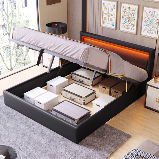 Cama de casal de pu 140x190 cm com armazenamento e luz led,preto