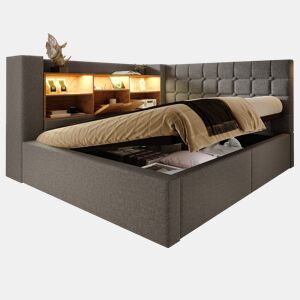 Cama de casal de linho 140x190 cm com armazenamento e luz led,cinza