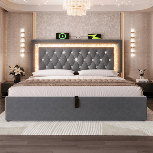 Cama de casal de veludo 160x200 cm com armazenamento e luz led,cinza