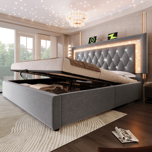 Cama de casal de veludo 160x200 cm com armazenamento e luz led,cinza