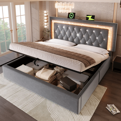 Cama de casal de veludo 160x200 cm com armazenamento e luz led,cinza