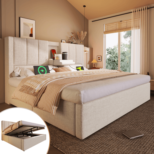 Cama de casal de linho 160x200 cm com armazenamento,bege Cama de casal de linho 160x200 cm com armazenamento,bege