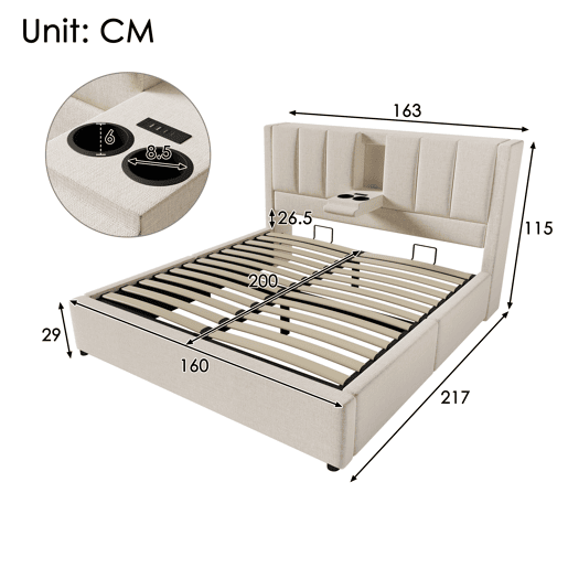 Cama de casal de linho 160x200 cm com armazenamento,bege Cama de casal de linho 160x200 cm com armazenamento,bege