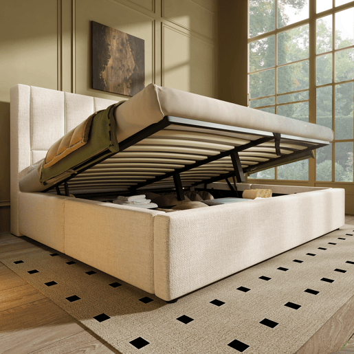 Cama de casal de linho 160x200 cm com armazenamento,bege Cama de casal de linho 160x200 cm com armazenamento,bege
