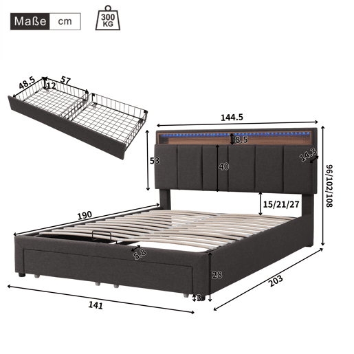 Cama de casal de linho 140x190 cm com armazenamento e luz led,cinza