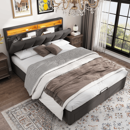 Cama de casal de linho 140x190 cm com armazenamento e luz led,cinza