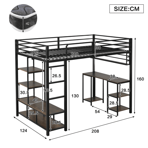 Cama alta,cama de criança de metal 120x200 cm,preto