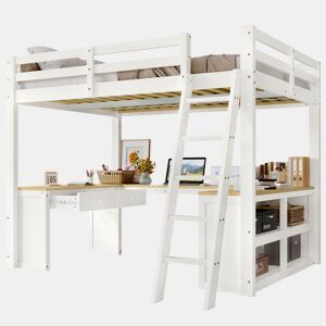 Cama alta,cama de criança de madeira de pinho 140x200 cm,branco+natural
