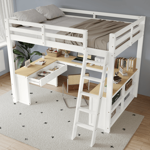 Cama alta,cama de criança de madeira de pinho 140x200 cm,branco+natural