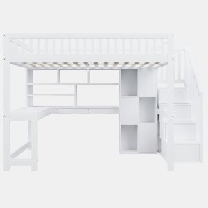Cama alta 140x200 cm - Com LED, escada com estante, secretária, sem colchão - Branco