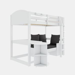 Cama alta infantil 90x200 - Multifuncional com escada, mesa removível, sofá com arrumação, prateleiras, almofadas - Branca
