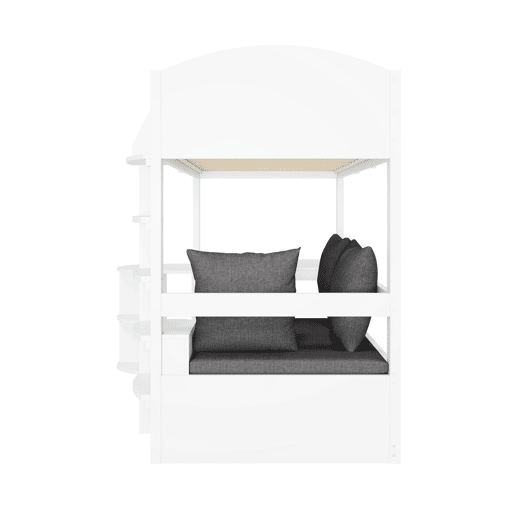 Cama alta infantil 90x200 - Multifuncional com escada, mesa removível, sofá com arrumação, prateleiras, almofadas - Branca