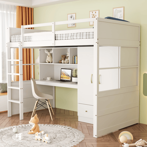 Cama alta 90x200 cm - Com escada, secretária com arrumação, armário e gavetas - Branco Cama alta 90x200 cm - Com escada, secretária com arrumação, armário e gavetas - Branco