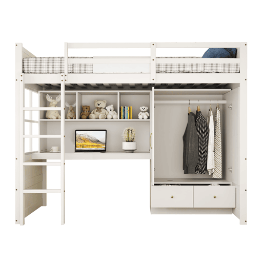 Cama alta 90x200 cm - Com escada, secretária com arrumação, armário e gavetas - Branco Cama alta 90x200 cm - Com escada, secretária com arrumação, armário e gavetas - Branco