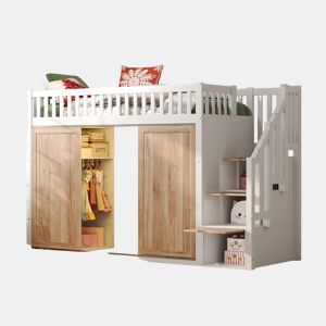 Cama alta,cama de criança de madeira maciça 90x200 cm,branco+natural