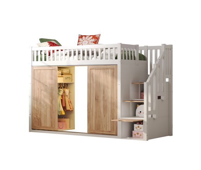 Cama alta,cama infantil de madera maciza 90x200 cm,blanco+natural