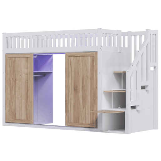 Cama alta,cama de criança de madeira maciça 90x200 cm,branco+natural