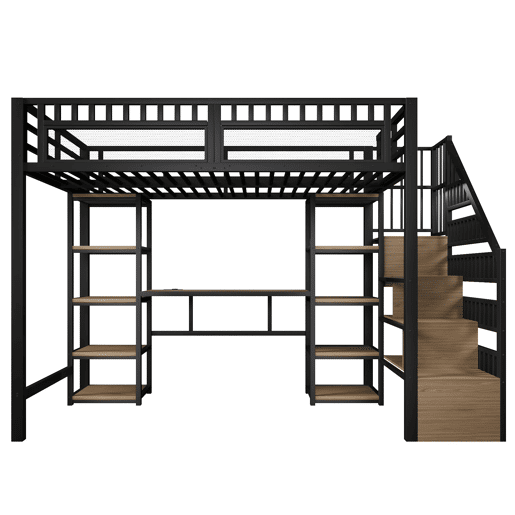 Beliche alto 140x200 cm - Estrutura metálica, prateleira, escada com arrumação, secretária, LED, USB - Preto