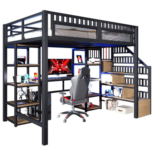 Beliche alto 140x200 cm - Estrutura metálica, prateleira, escada com arrumação, secretária, LED, USB - Preto