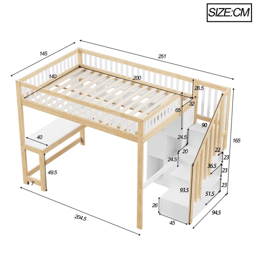 Cama alta 140x200 cm - Com luzes LED, estante, secretária, sem colchão - Branco+Natural