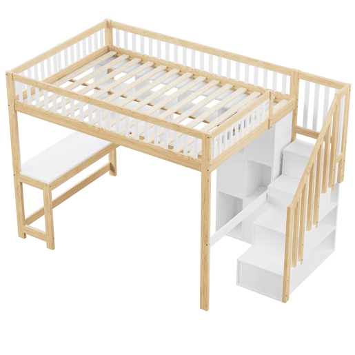Cama alta 140x200 cm - Com luzes LED, estante, secretária, sem colchão - Branco+Natural