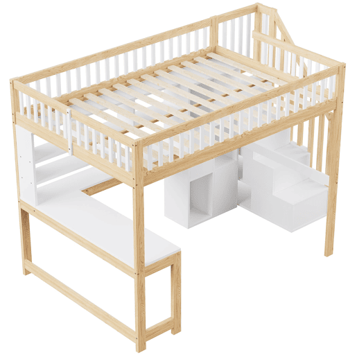 Cama alta 140x200 cm - Com luzes LED, estante, secretária, sem colchão - Branco+Natural