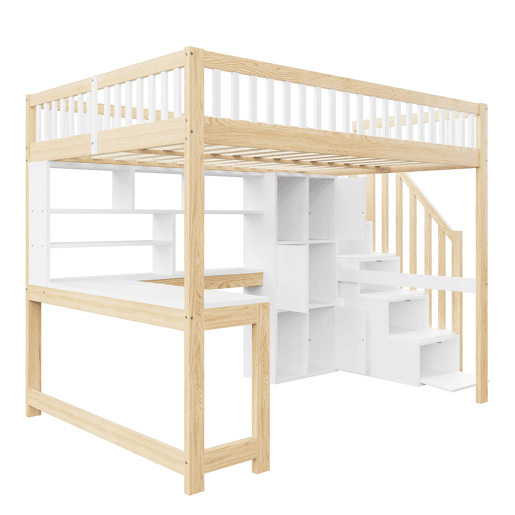 Cama alta 140x200 cm - Com luzes LED, estante, secretária, sem colchão - Branco+Natural