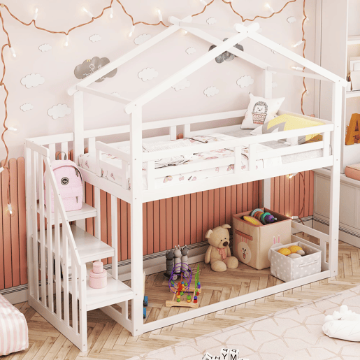 Cama infantil 90x200 cm - Beliche baixo com escada de segurança, estrutura em madeira maciça - Branco