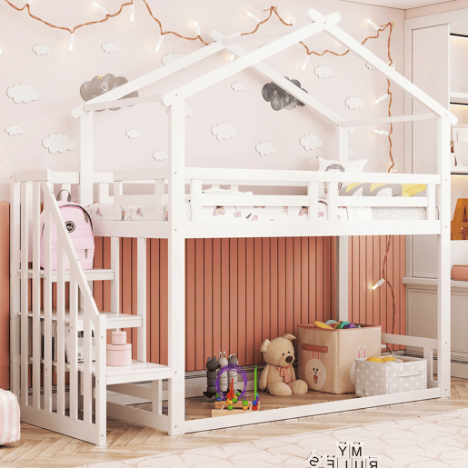 Cama infantil 90x200 cm - Beliche baixo com escada de segurança, estrutura em madeira maciça - Branco