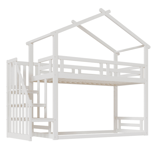 Cama infantil 90x200 cm - Beliche baixo com escada de segurança, estrutura em madeira maciça - Branco